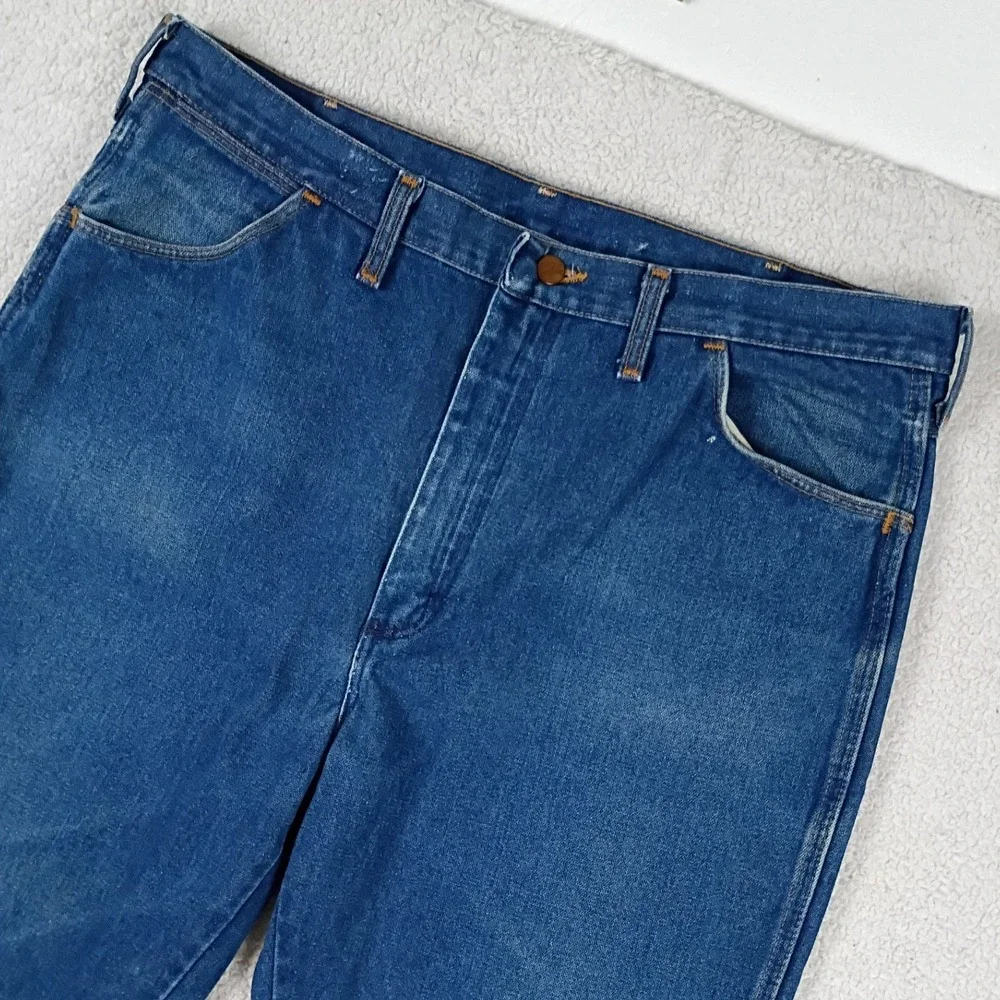 Vintage Wrangler 945DEN Jeans Men 38x30 Blue Denim USA Made Straight Leg Utility